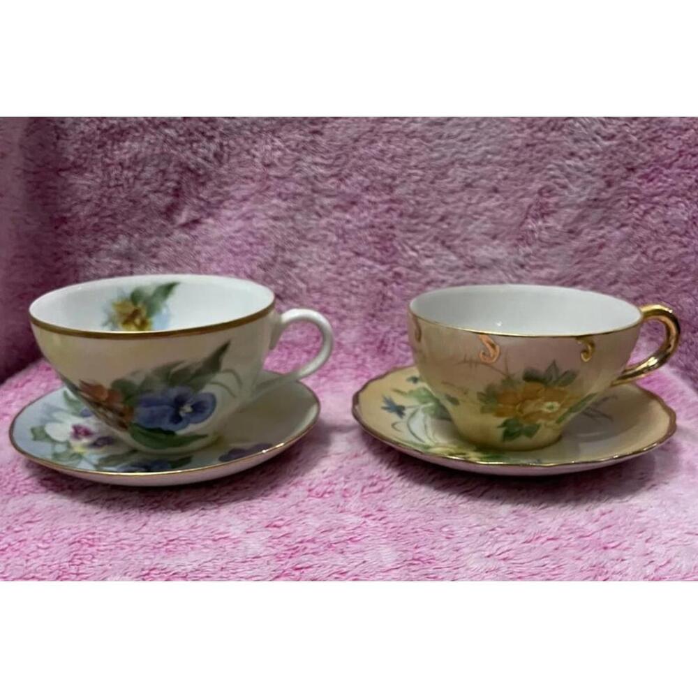 Floral Hand Painted cup saucer set X2 signed by Betty W